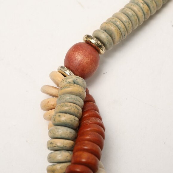 Vintage Twisted Wood Bead Necklace 3 Strand Retro Boho Brown Cream Blue - Picture 7 of 9